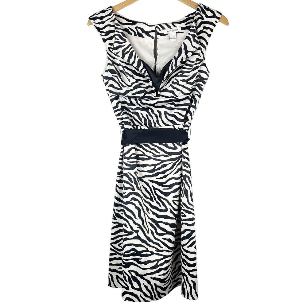 WHBM Y2K Women's Satin Black White Zebra Print Dress Size 2 Tie Waist 2000s